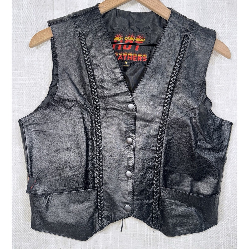 Hot Leathers Vest Medium M Black Leather Biker Braided Snap Laced Motorcycle